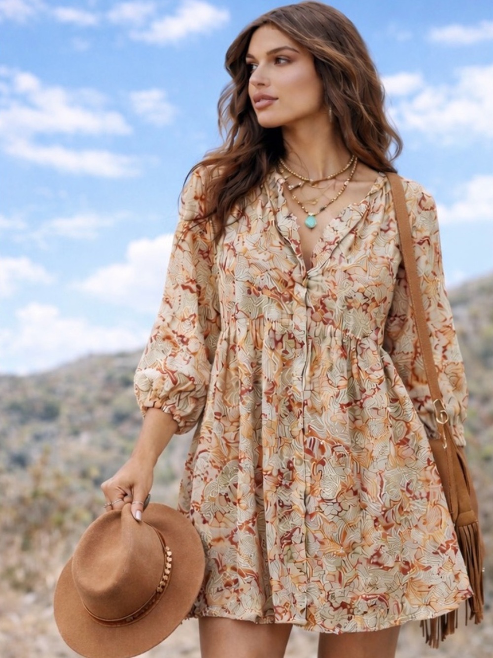 MELLODAY Floral Mini Dress in Earthy Tones, Red, Peach, Tan and Cream